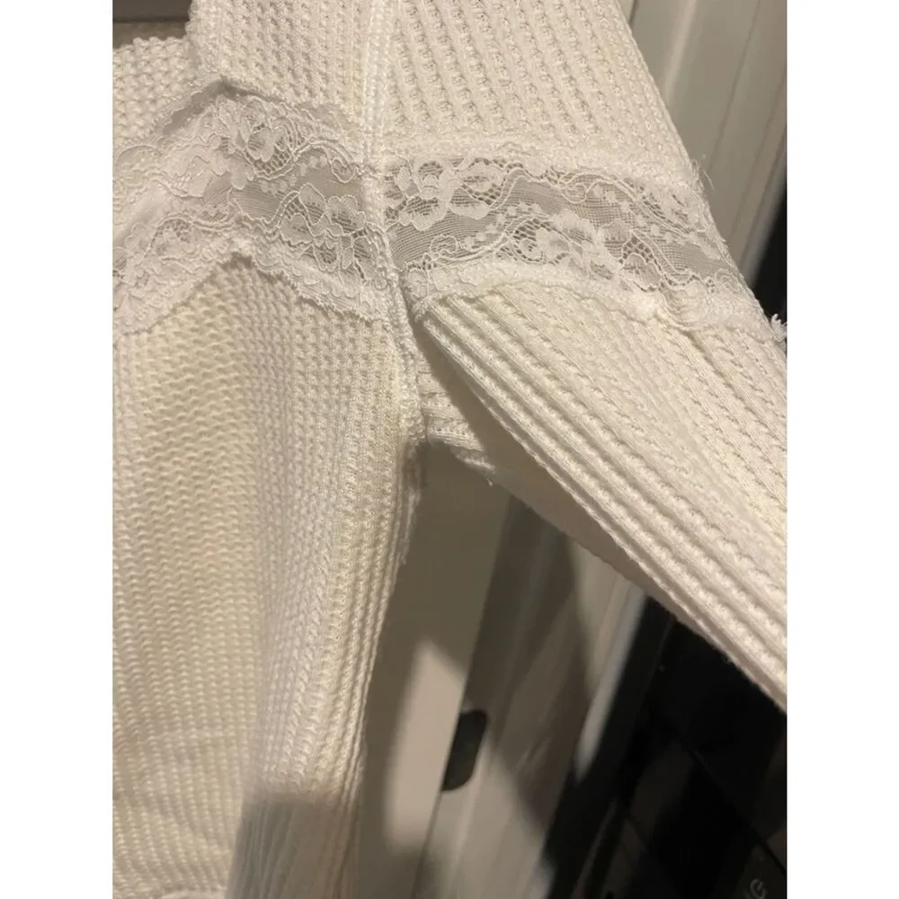 Free People White Lace-Trim Waffle Knit Button Cardigan